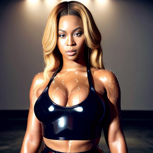 Beyonce  in wet in a red latex top with latex skirt with long red nails with honey blonde hair selfie