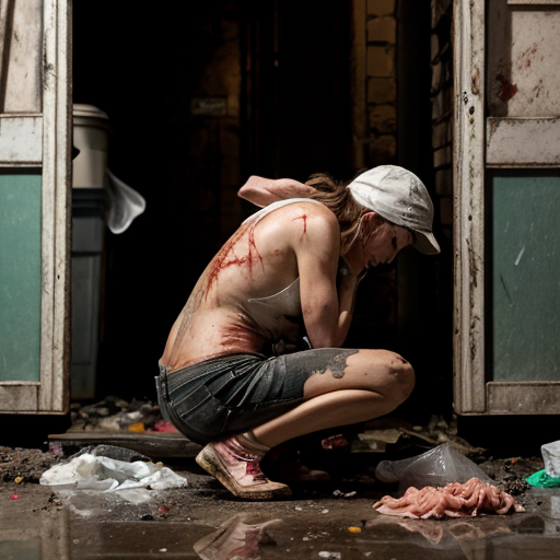 Photorealistic cinematic photograph of a grim, filthy urban back alley scene at dusk. A muscular, sweaty man in his 40s with dark messy hair tied back, wearing a blood-stained red tank top and apron, stands behind a makeshift wooden table. He is aggressively chopping raw meat and body parts with a cleaver on the bloody table, surrounded by plastic bags full of meat and gore.

Under the table in the shadows, two completely naked, dirty, malnourished women are crouched in the trash. The woman on the left has long disheveled brown hair, sits with legs apart, looking exhausted and broken. The woman on the right has shorter hair, crouches hugging her knees, looking scared. Both are covered in dirt, grime, and bruises.

The ground is covered in garbage, broken concrete, puddles, and trash bags. A rusty green dumpster and a brown bin are visible. Crumbling brick walls with peeling paint and a dirty window in the background. Extremely detailed, gritty texture, cinematic lighting with harsh shadows, hyperrealistic, documentary style, raw and disturbing atmosphere, 8k photorealism, sharp focus, natural color grading with desaturated tones and strong reds from the blood and apron.
