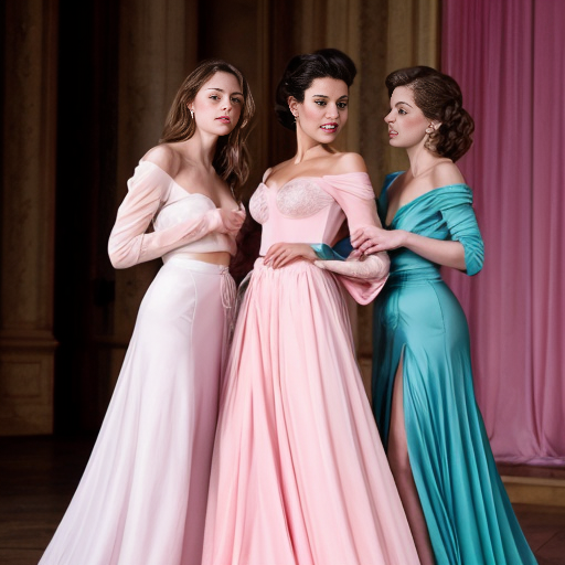 cinderella in a pink gown, having her dress ripped apart by two elegant women in untouched gowns. full body view. The two elegant women are enviously tearing pieces of the pink gown off. The bodice of the pink gown has a large tear, a sleeve is missing, and there are multiple significantly large tears in the skirt. Both jelouse women are currently ripping a piece of the skirt off.
