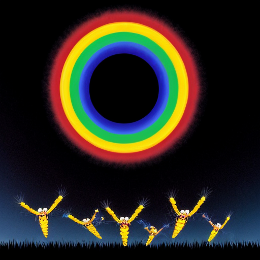 a group of humanoid spiders jumping over a rainbow