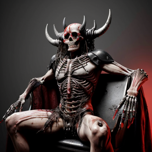 A 9:16 aspect ratio pic of Photorealistic massive 30-foot-tall demonic entity seated on a blood-soaked gothic throne, colossal elongated humanoid skeleton fused with obsidian plates and rotting flesh, tall bishop-mitre crown of jagged horns and inverted crosses fused to elongated skull, glowing crimson eyes with no pupils, wide lipless maw full of jagged fangs, raised right arm with 4-foot-long multi-jointed fingers ending in razor obsidian talons dripping blood, left arm resting on throne, ribcage visible through translucent necrotic skin, chains and barbed wire piercing chest and shoulders, black ichor and blood oozing from wounds, tattered blood-soaked robes merging into throne, hyper-detailed textures of bone, rotting muscle, glossy obsidian, and glistening blood, photorealistic, raw horror photography, 8k, cinematic lighting, extreme gore, uncensored