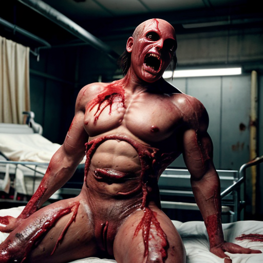 Photorealistic horror scene, a grotesque humanoid creature sitting upright on a dirty hospital bed in an abandoned industrial medical room, extremely detailed, cinematic lighting.

The creature has pale yellowish waxy skin, a muscular female torso with visible breasts, ripped open chest cavity exposing bloody red guts, intestines and sausages spilling out. Multiple thick fleshy pale-yellow tentacles and bloated tubes emerging from its back and shoulders, wrapping around its body. Its face is a monstrous screaming expression with huge bulging black eyes, wide open mouth showing tongue and teeth, distorted horror features.

Blood splatters everywhere on the white sheets, on its body and hands. It wears a black wristwatch on its left wrist. Lower body has more thick tentacles emerging from the groin area. Background shows rusty pipes, valves, old medical machinery and dim industrial lighting.

Highly detailed skin texture, realistic blood and gore, wet shiny surfaces, visceral body horror, photorealistic, 8k, ultra realistic, cinematic, grim atmosphere, horror movie still --style raw