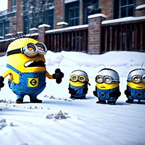 6 elmos in a circle pointing at an angry minion sitting in the middle of the elmos. Outside in the snow. A group of minions with shovels are coming in the background to save the minion.