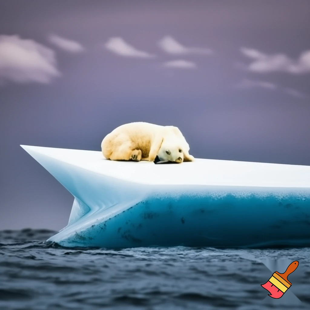 Quiero que realices una imagen en la que haya un oso polar tumbado de lateral viendose las patas con los ojos cerrados y la cabeza apoyada, encima de un témpano de hielo con forma triangular inclinado 45 grados a la izquierda, que tenga una base de hielo que se encuentra en el mar, que se encuentre alejado de la cámara, no se ve la parte de abajo del iceberg, pero que haya hielo en la parte de abajo de la imagen, que el 70% del fondo de la foto sea un cielo nublado grisáceo con tonos también morados y nubes blanquecinas y que el mar sea un azul marino, en tonos fríos, con un estilo tipo Nathional Geographic, en 3D, en plano central y con una resolución 4K (3840x2160 pixeles).