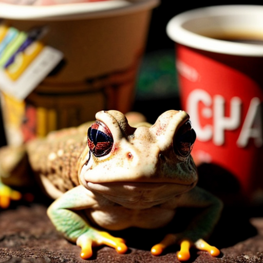 A hillarious, funny boho toad with some hippie colored coffee cups. Psychedelic decorated background, hyperrealistic. Close-up view.