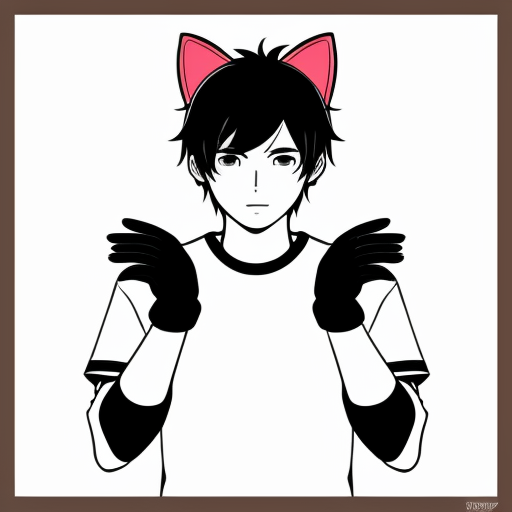 anime teenage boy with red eyes, black hair, white cat ears, a white shirt
,  black gloves with one love heart per glove and a brown cat tail with a white stripe near the tip.