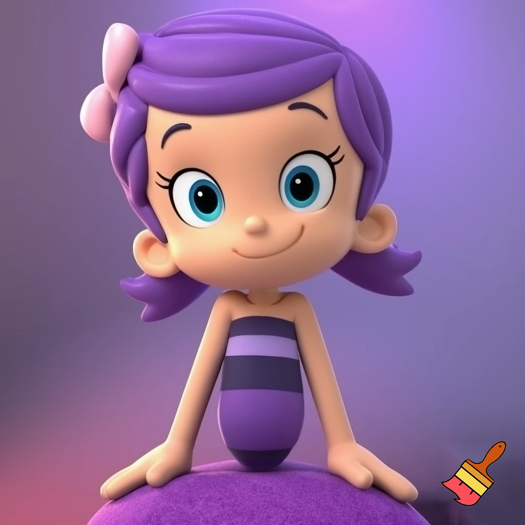 Bubble Guppies girl that has fair skin and a small, upturned nose, a gentle smile, and long eyelashes. Her hair is a vibrant shade of purple, styled in a bob with bangs and a small, light pink bow on the side. She is wearing a strapless dress that is purple with a lighter purple stripe. Her arms are extended, and her hands are visible, resting on a large, purple, rounded object, which could be a blanket or a part of a larger object.
