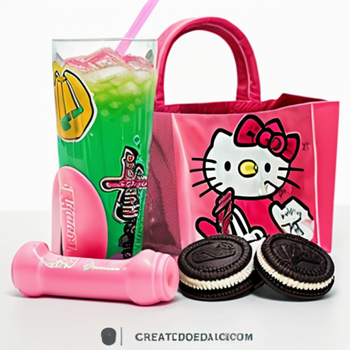 cree moi une image, un fond blanc avec une pere de asics gel kayano rose, une boisson oasis, un sac de macdo, un doudou hello kitty (que la tête), trois oreo, red bul vert
