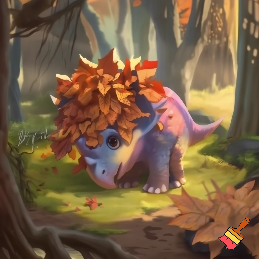 Draw a cute baby triceratops In the wild covering his head in a pile of leaves 