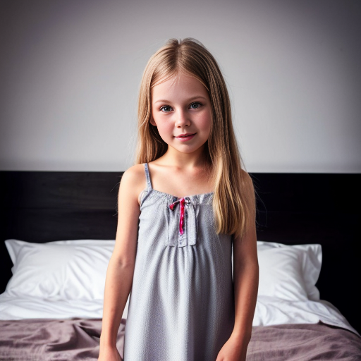 swedish little girl, long blonde hair, night dress, on the bedroom