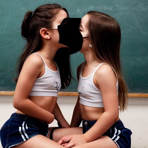 little girls in short shorts and crop top , in school kissing 
