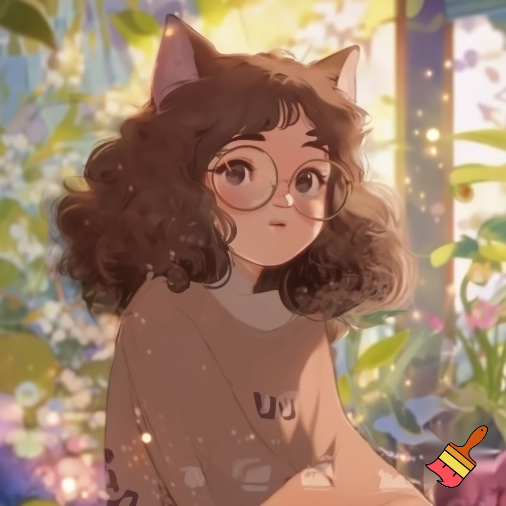 CUTE cat woman with curly hair and glasses in a ghibli style