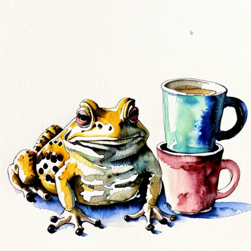 A hillarious, funny boho toad with some hippie colored coffee cups. Psychedelic decorated background. Drawing Hard style.