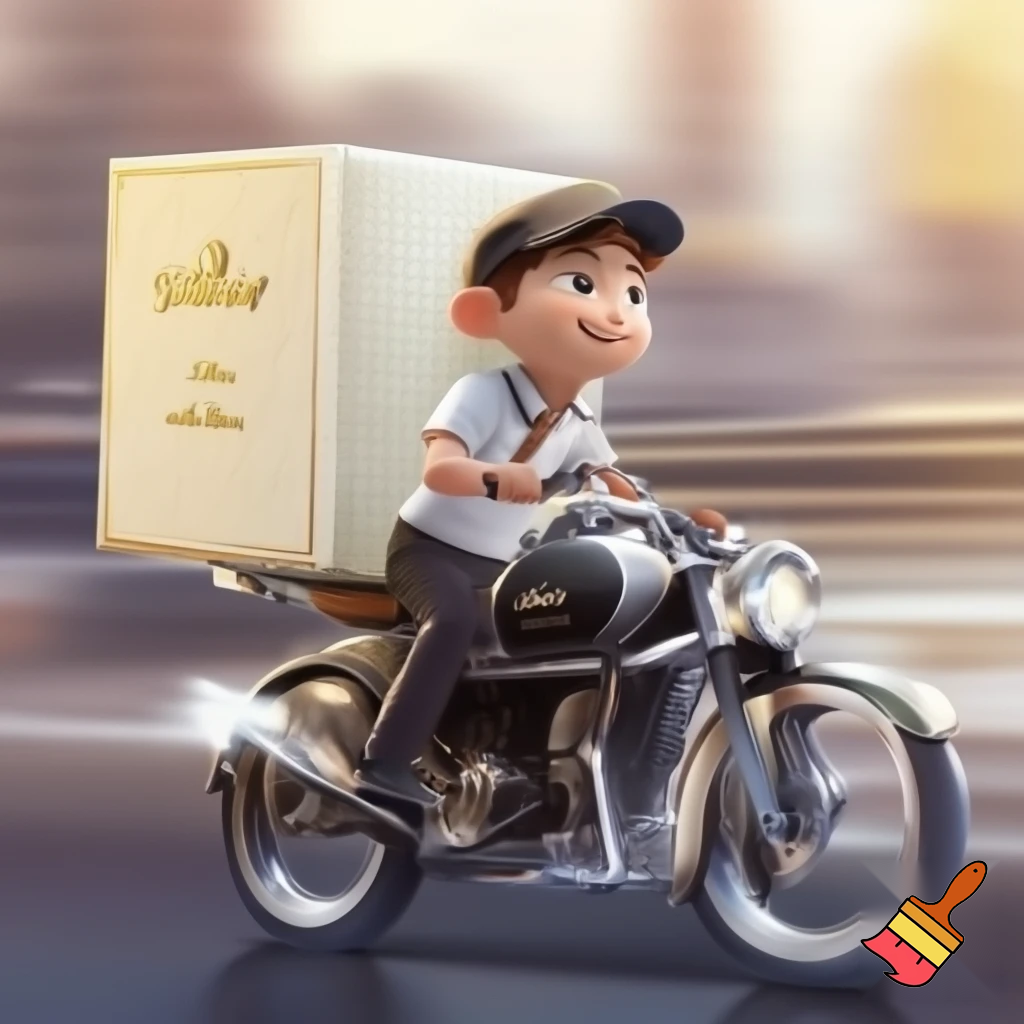 Cream Deluxe Box with delivery boy on motorcycle 