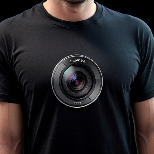 A hyper-realistic close-up macro shot of a man's chest wearing a heavy-gauge black cotton T-shirt. Centrally mounted on the chest is a small, square Insta360 GO Ultra camera. The T-shirt features a sophisticated "Tech-Noir" graphic design consisting of matte black 3D geometric shapes and circular mechanical patterns. The camera’s black lens is perfectly aligned with a circular element in the artwork, making the device appear as a functional sensor or a decorative rivet within the shirt's design. Cinematic side-lighting to emphasize fabric texture and the seamless integration of the device.
