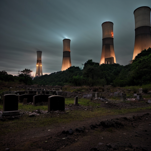 A forest In the night, thick vegetation and tall trees, mud and wet ground, the sea in the distance can be seen from a gap in the vegetation, necropolis hidden in the scrub, burials with deaths due to outrageous treason, no tombstone just few iron rusty cross and piles of stone, Ruins of dismantled and rusted nuclear power plant cooling towers in the background, Ruins of early Middle Ages byzantine church below the power plant, some light of ritual candlesand lantern, black sky, dark gothic mood, heavy seppia warm filter, very low light, shot on kodak, 35mm photo, sharp focus, high budget, cinemascope, film grain, grainy. soft focus, depth of field, high resolution, high quality, high detail. 8K photo, HDR, professional lighting. 4000x3000px
