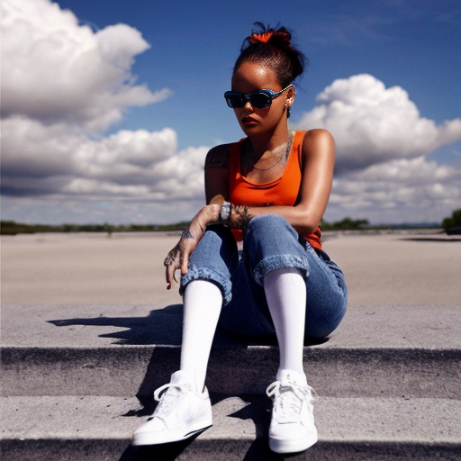 Rihanna orange tanktop belt blue short jeans purple socks orange and white sneakers on a sitting Cloud 
