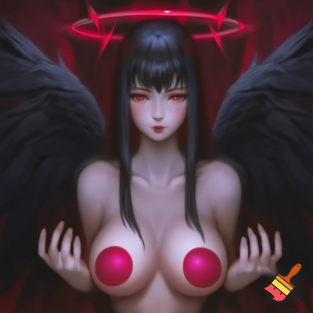 Hanekawa Hasumi is one of the most beautiful women in the world, an ethereal beauty, she is every men's dark fantasy, she has long straight silky black hair with long loose bangs those fall in front of her face stretching from the middle of her forehead to her chin, red eyes and has 228 cm bust 90Q-cup super massive breasts with huge reddish-pink puckered nipples, each of her breasts are four times larger than her head, she has black angel wings at her back, she has a red halo above her head, the halo ring consists of four red daggers.
