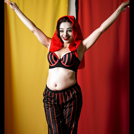 90's disney's 2d aladdin style comic black background and panels of panel 1 Harley Quinn with light black and red striped harem pants and bra and black and red curved slippers with both hand palms place together and hiding the bottom of her mouth with a light black and red striped veil wrapped around her arms and shoulders. 
panel 2 she danced with light black and red striped harem pants with light black and red striped bra and red and black curved slippers and with light black and red striped veil wrapped around her arms and shoulders and raising legs and bounced up and down her belly and shook her hips left and right. 
panel 3 as Harley Quinn with light black and red striped harem pants and bra and red and black curved slippers and with red and light black striped veil wrapped around her shoulders and arms and spreading her arms, happily revealing her face to the viewer and giving a smile as she shook her belly left and right. 
Panel 4 Harley Quinn with light black and red striped harem pants and bra and black and red curved slippers and with light black and red striped veil wrapped around her shoulders and arms has started to fading away , except her belly, which is bouncing around and growing. 
Panel 5 then the ball transforms into the fading in belly of red haired giganta barefoot with dark yellow spotted yellow harem pants and bra and dark yellow spotted yellow veil wrapped around her arms and shoulders with her swaying her hips. 
Panel 6 red haired giganta barefoot with dark yellow spotted yellow harem pants and bra and dark yellow veil wrapped around her arms and shoulders flexing her arms.