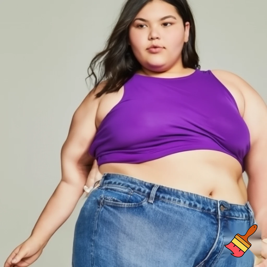 12 year-old girl, fat body, purple crop top, smooth blue jeans