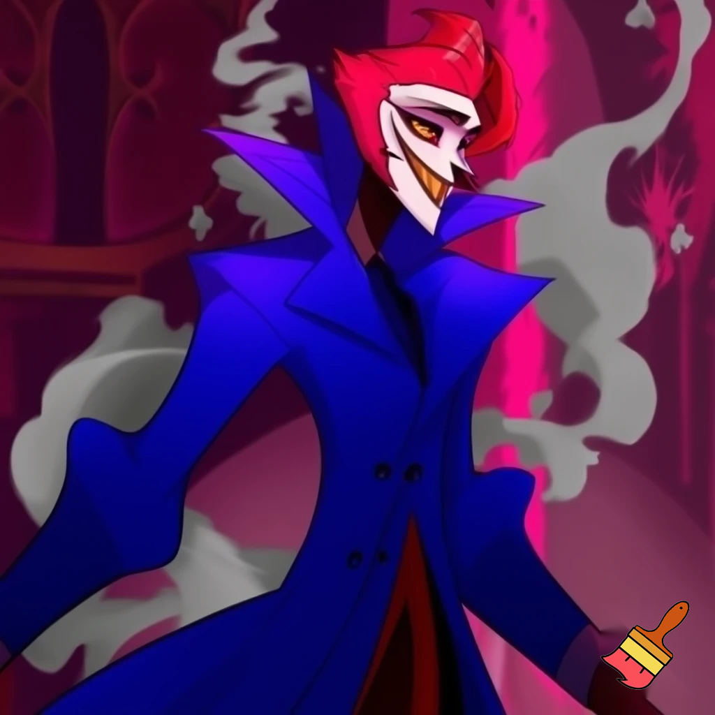 Percival de rolo in the art style of hazbin hotel wearing his signature blue overcoat and smoke curling around him