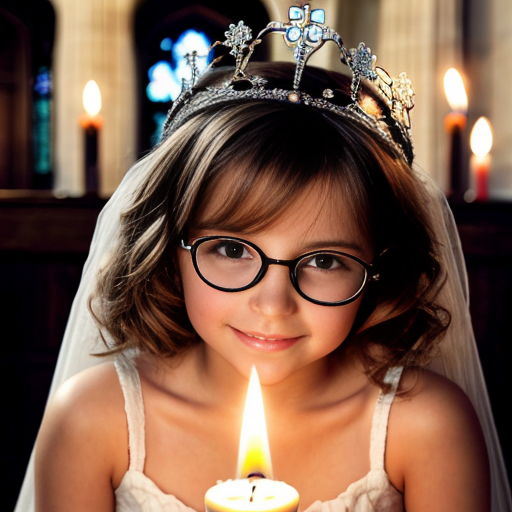 Cute adorable niña Chilindrina glasses con hair curly Blonde con corona Flores con verano elegante formal primera comunión sensual sexy con holding vela dé candela con altar con iglesia templó católico 2