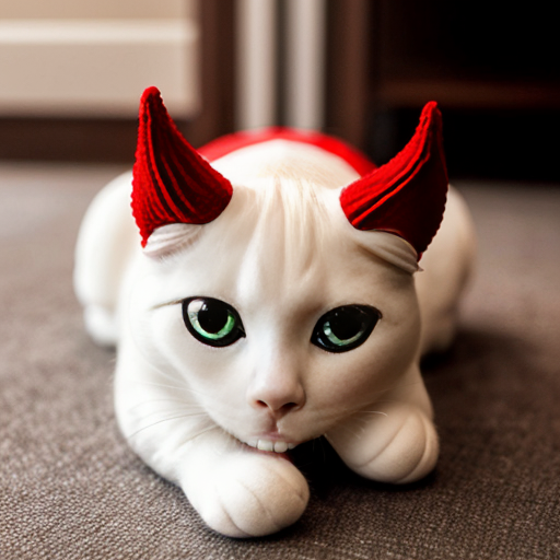 i want white cat plush with Closed embrodiered eyes, yellow horns that have a slight curve at the top, cute bright red anime-style blush, a bright red nose, and closed red wings.