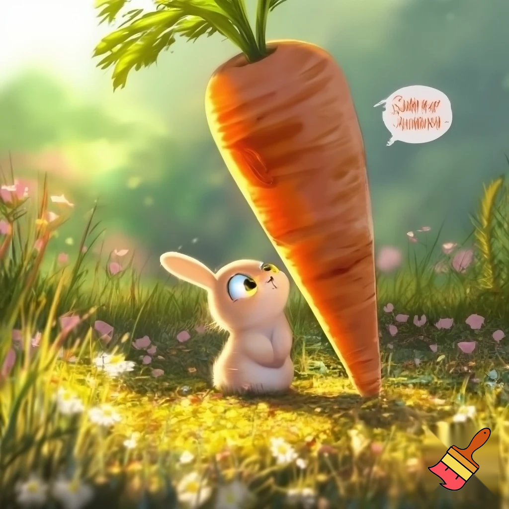 Scene: Sunny meadow. Bunny sees a big carrot.
Text Bubble (Bunny): “Wow! This carrot is huge! Just for me!”