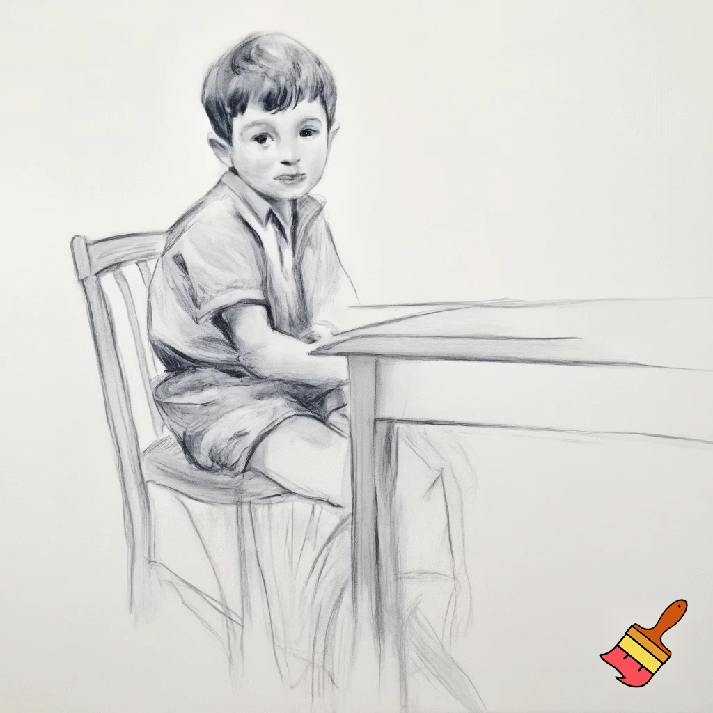 A school boy sitting on the chair looking in front and made with pencil sketch .no colour and in white background with a table in front on him