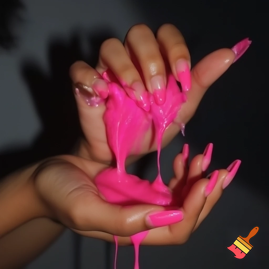 crate a picture of hands with hot pink French tips playing with pink slime. Make it look very baddie.