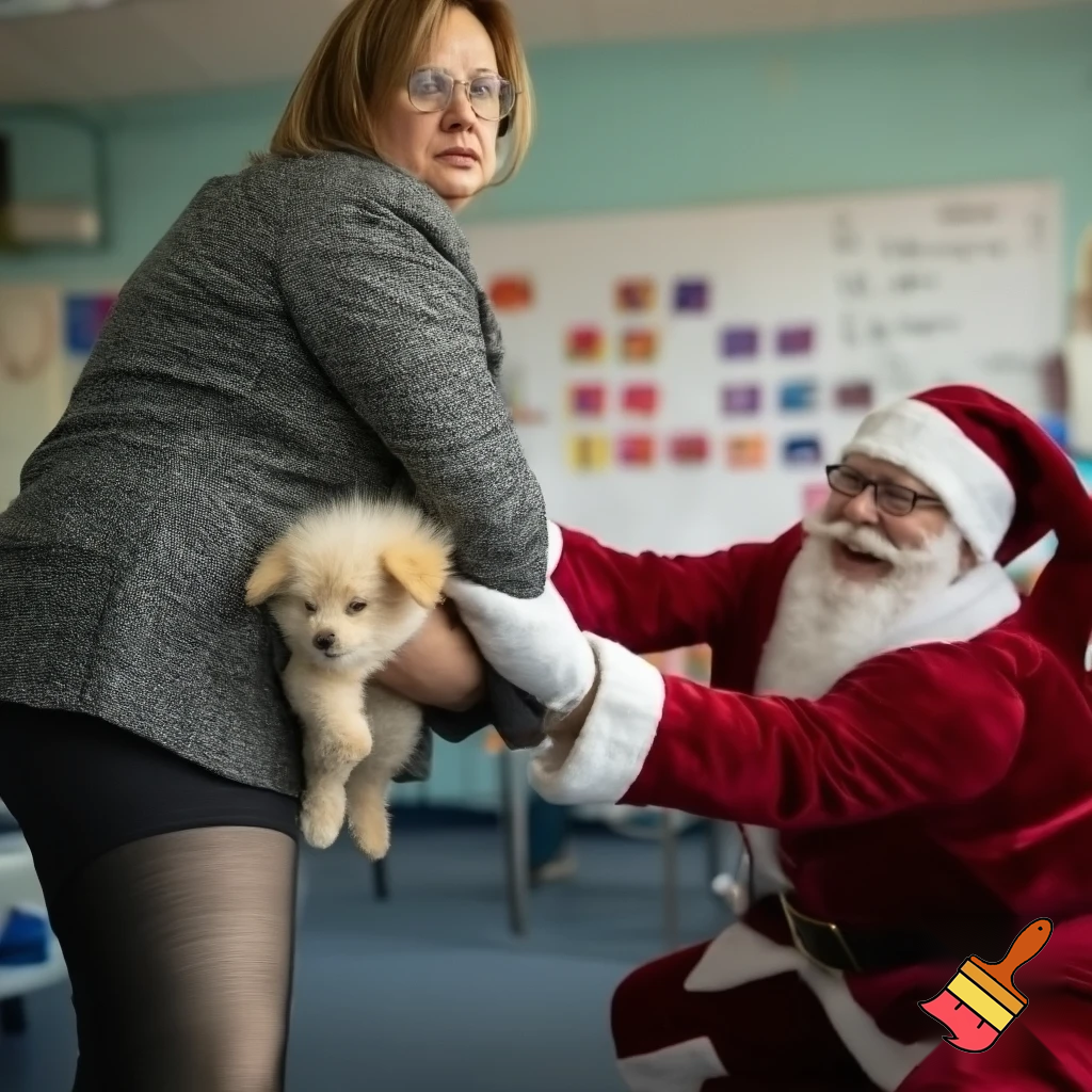 teacher and Santa fighting over a puppy
