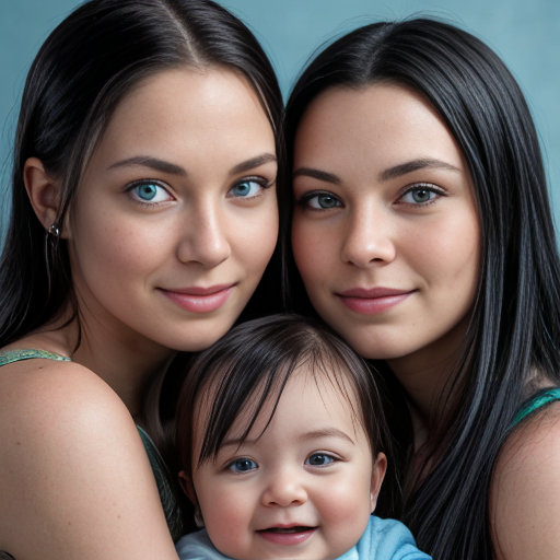 create a family photo with a mom whos  26 years old  and make her have black long hair with light blue eyes. with her boy triplets 2 years old with black hair and green eyes and then with her triplet daughters who are 16 make them have blue eyes with black long hair and make all of them together in a photo all 7 of them