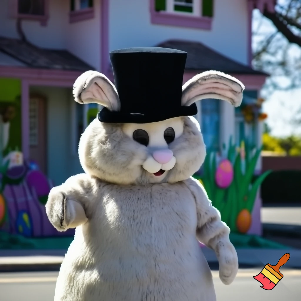 Easter bunny mascot top hat costume his house