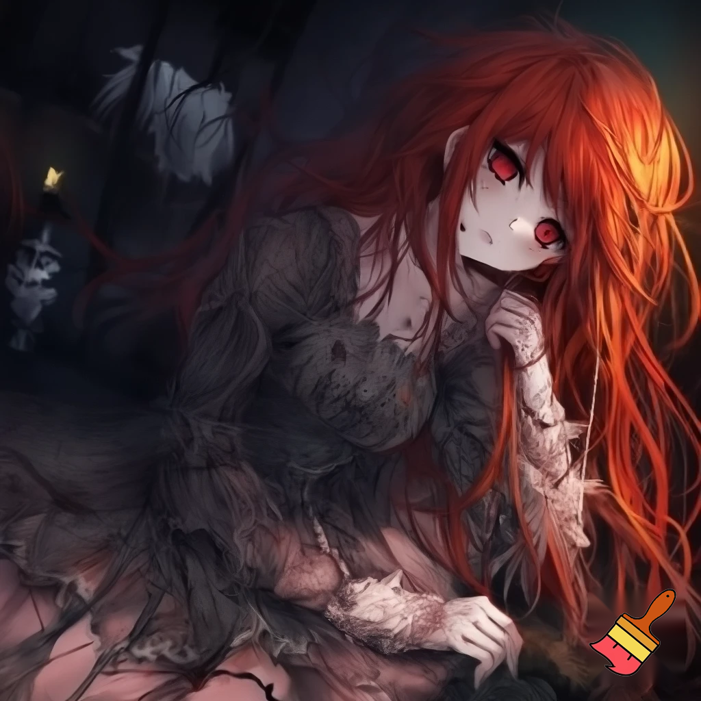 Creepy anime girl with red hair