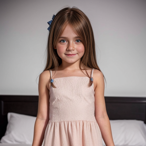 finnish brunette little girl at night dress, very beautiful and eager, on the bedroom, brown eyes