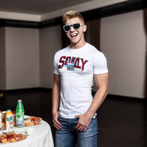 5 Jacked strong lean 20 year olds men wearing with bully clothes so cool and sunglasses and all of them are wearing white t shirt with dark blue jeans and they are all smiling and laughing in a dark room with party lights on (no one else in the room) (2010s color photo) (realistic photo with a slight shaky effect) and it looks like there is soda on the table. 