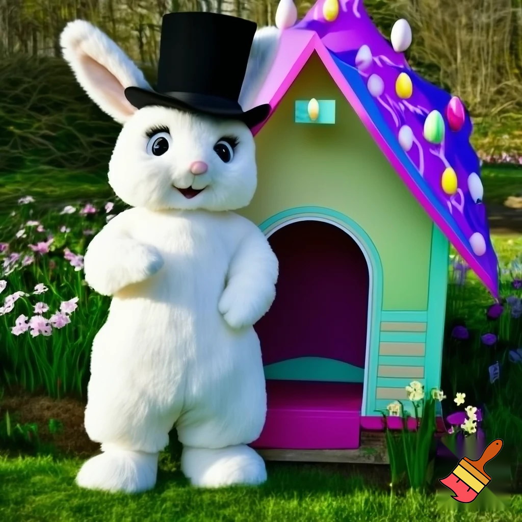 Easter bunny mascot top hat costume Easter bunny’s house