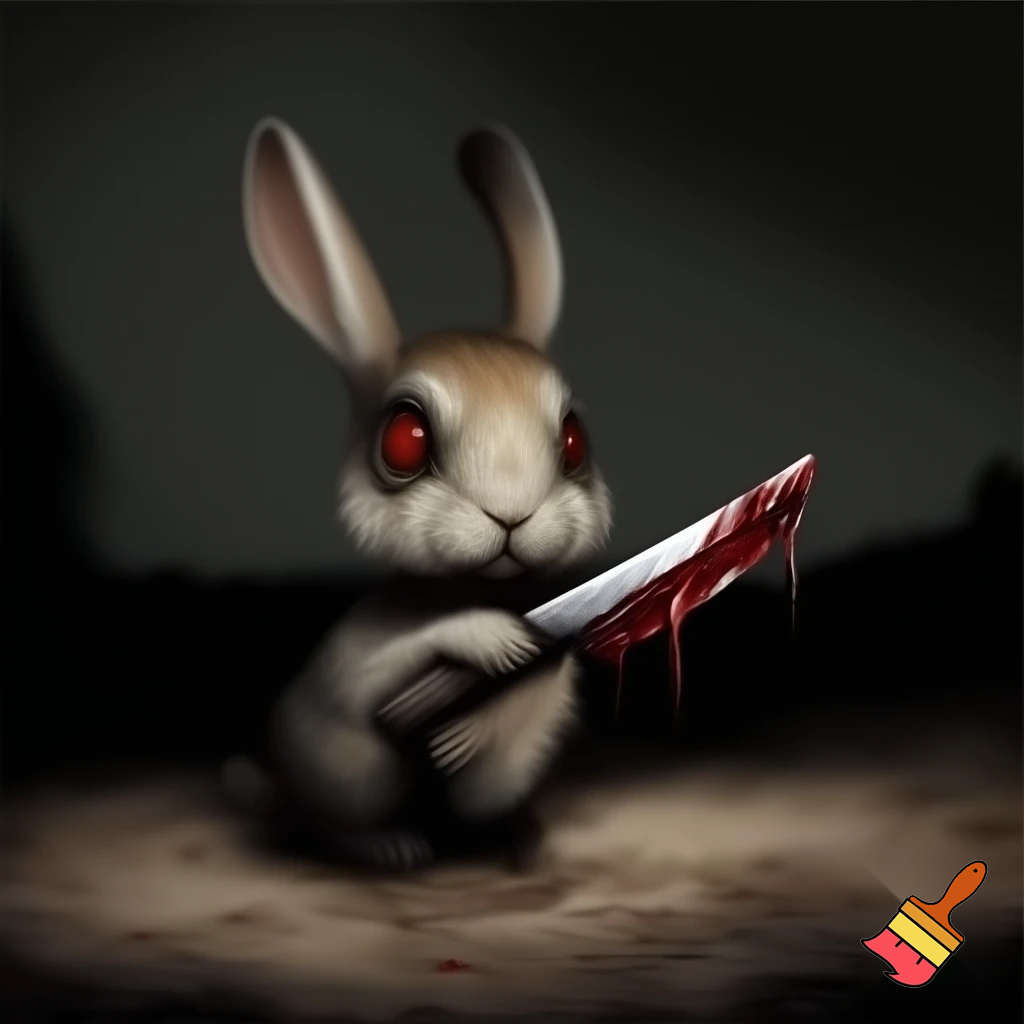 european rabbit, red eyes, bloody knife
