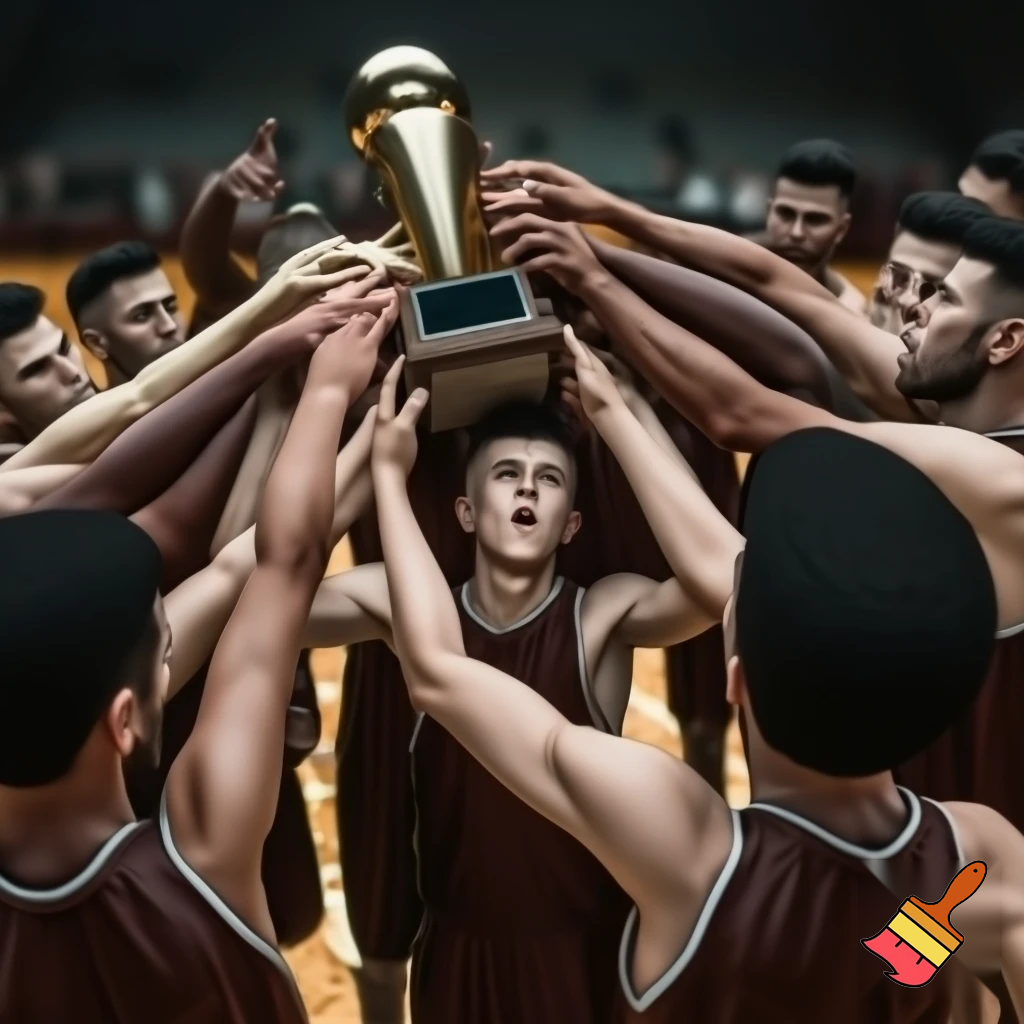 white teenage basketball player holds a trophy while the team is carrying him
