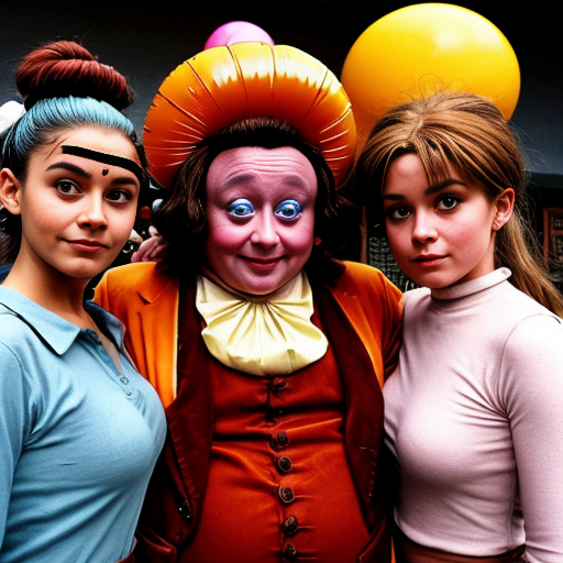 Vanessa Hudgens long hair depicted as a spherical shape inflated like a balloon, she is a round oval naked body boobs belly body overinflated Her facial expression is neutral, almost impassive. Her body is exaggeratedly rounded, forming a sphere, with no visible definition of limbs. ackground the Rusty Goffe and Marcus Powell Oompa Loompas from Willy Wonka's Chocolate Factory willy wonka characters real life real persons face Oompa Loompas, white eyebrows, colored skin, orange skin, blue eyes in out fits oompa loompas are standing around he