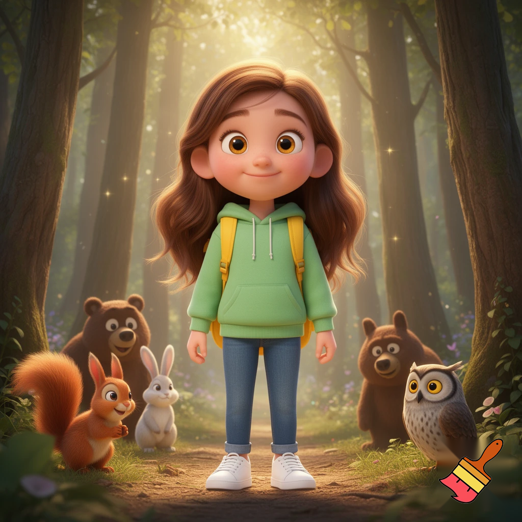 A sweet 7-year-old girl, fair skin, big expressive hazel eyes, long chestnut brown hair slightly wavy, small round nose, soft rosy cheeks, gentle smile. She wears a light green hoodie, blue jeans, white sneakers, and a small yellow backpack. Pixar-style 3D character, soft lighting, rounded shapes, child-friendly proportions, high-quality 3D illustration.
Standing at the entrance of a magical forest, tall trees, soft sunlight filtering through leaves, friendly forest animals around her (squirrel, rabbit, bear, owl), joyful and welcoming atmosphere, children’s book cover, square format, 1:1 aspect ratio, centered composition
