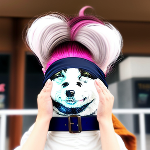 Girl With VERY DARK BROWN (Almost Black) Hair At The Top, An Ahoge Of The Same Color At The Top Of Her Head, Pink Locks In The Middle, And The Very Bottom Of Her Hair Is White, She Has Amber Eyes, One Of Them (Her Left) Is COvered By Her Hair, She Has Fluffy White Inu Ears At The RIGHT AND LEFT SIDES Of Her Head, She Wears An ORANGE Bandana In Her NECK, Dark Grey Longsleeved Shirt Who's Sleeves Are Oversized, A Belt Over A Dark Blue Skirt, And A White Fluffy Inu Tail