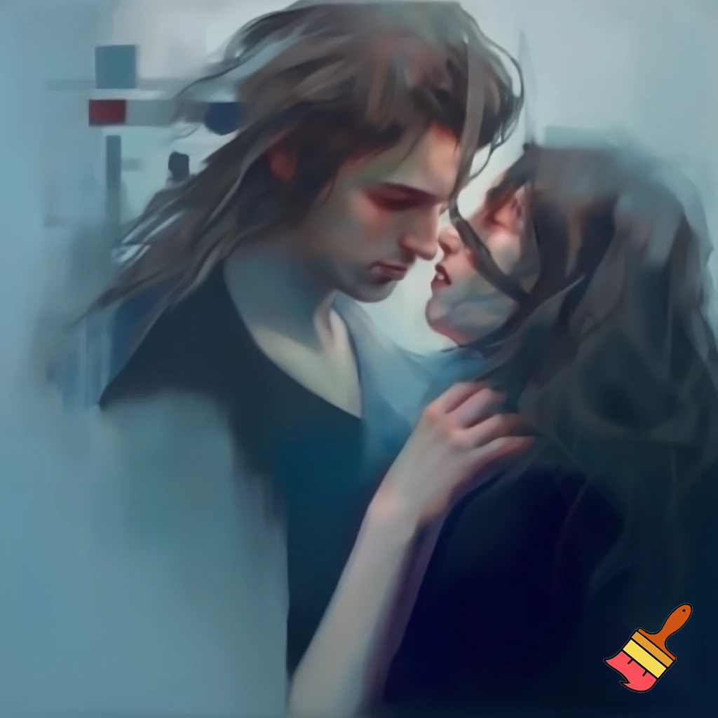 oil painting romantic couple man and woman with a long hair love blue and grey modern abstract
