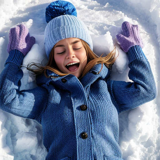 Create a pinkie pie equestria girls wearing light blue knit hats, light blue winter jacket, light blue mittens, purple pants and light blue boots in on back - lying down snow and making a snow angel in eyes closed and tooths grinw