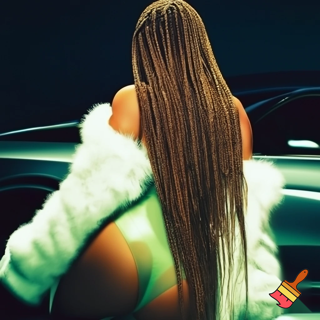Beyonce with long african brown box braids with brown makeup wearing a dark pastel transparent green bodysuit with a white fur coat on standing in front of a car ,photoshoot, face angle face  ,face angle close up ,she is posing from the back   kneeling down pose (we should only see her hair)
