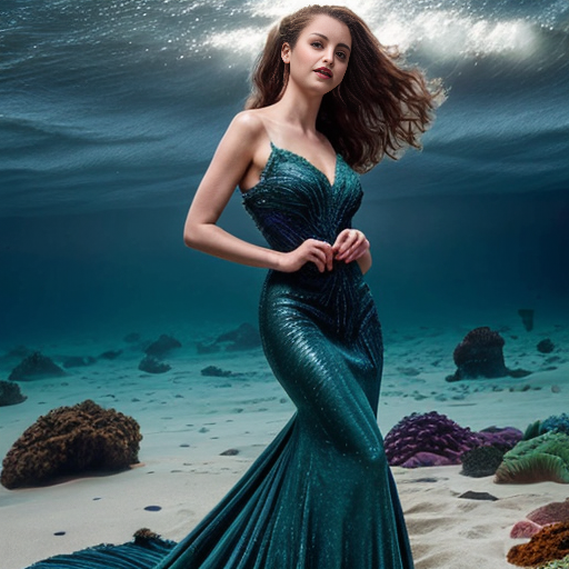 Cinderella’s gown flows like the waves of the sea, shimmering with deep ocean hues, and her hair cascades like seaweed, adorned with starfish and pearls with dark blue and green mermaid scale gown


