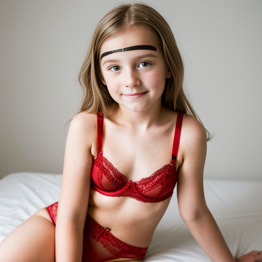 Crea la imagen de una niña rubia de 11 añis en lenceria roja