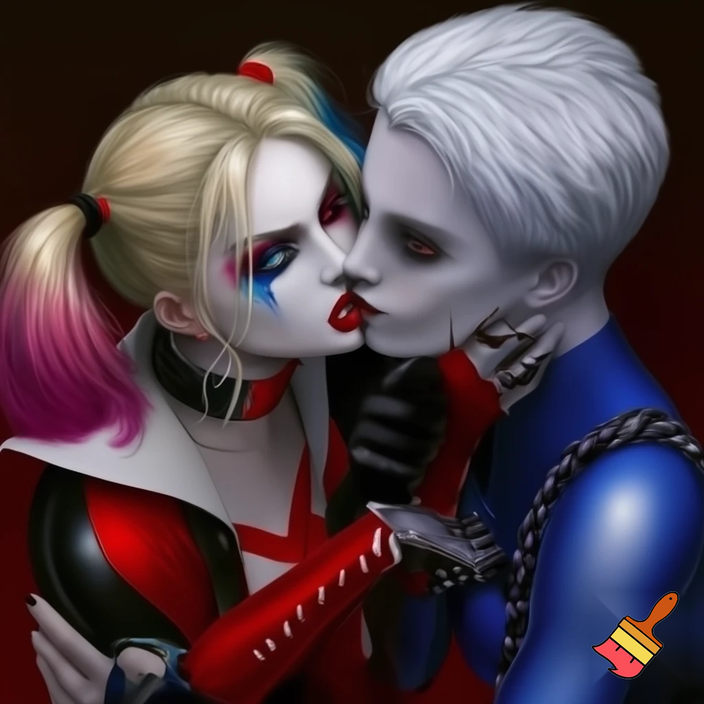 Harley Quinn blonde hair two pigtails blue eyes red black jester outfit kissing Killer frost crystal frost white short hair blue eyes blue dark color bodysuit 
