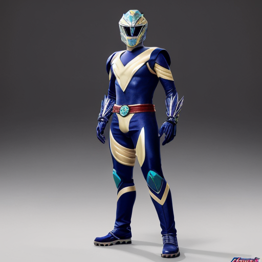 A midnight blue Mighty Morphin ranger with megalodon like features on the helmet and the spine in the full body like a picture of the full body