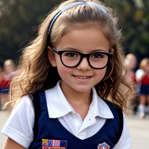 Cute adorable niña Chilindrina glasses con hair lazo curly Blonde con sailor uniforme escolar con zapatos negros escolar con calcetines blancos con Estados Unidos América bandera con desfile con ciudad 2